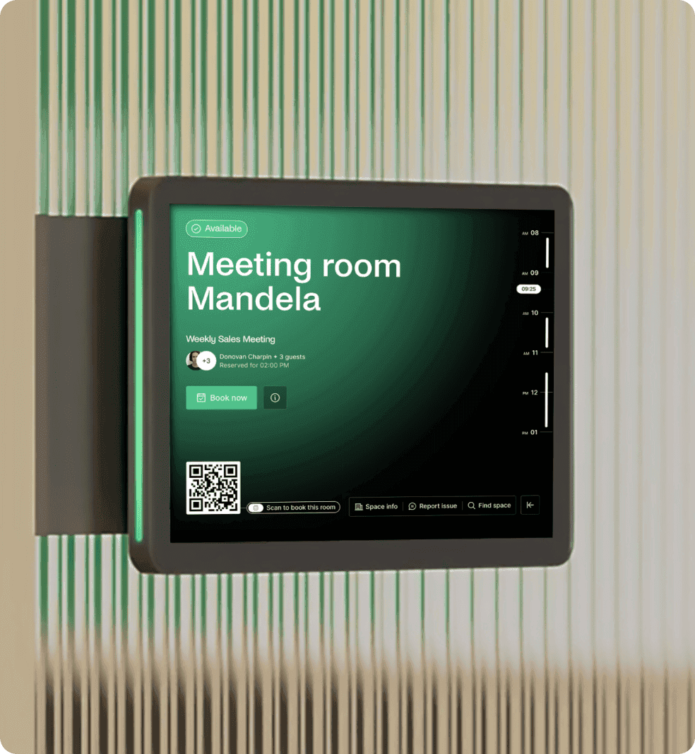 Digital screen on a wall showing room availability and a “book now” option via Archie Rooms app.