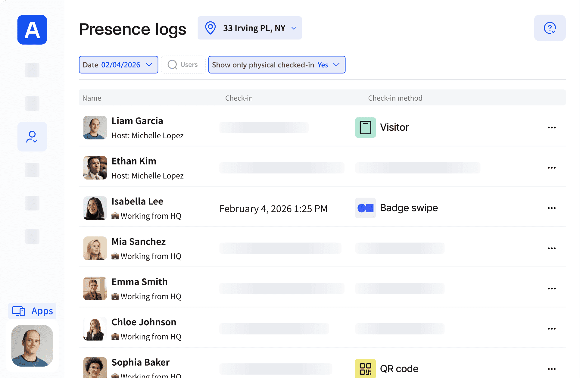 A presence log interface in an application showing check-in details of various individuals, including their names, check-in times, and methods.