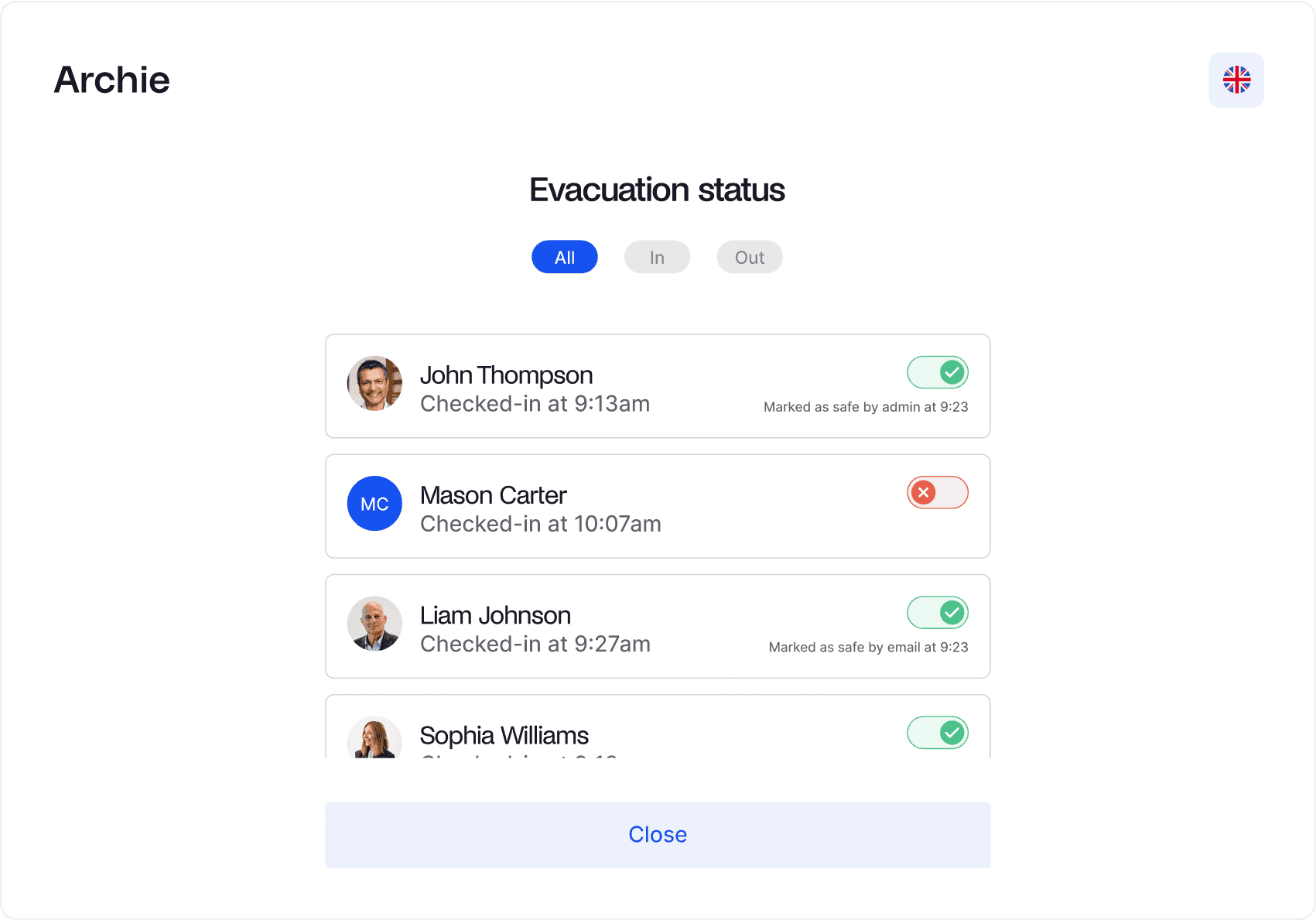 A screenshot of an application named Archie showing an evacuation status report with four individuals. Three are marked as safe, and one is not.