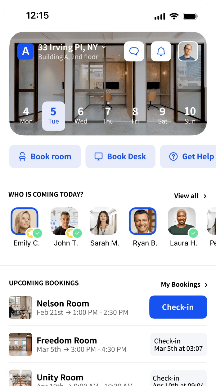 Mobile app interface showing room booking options and upcoming bookings for a workspace at 33 Irving Pl, NY.