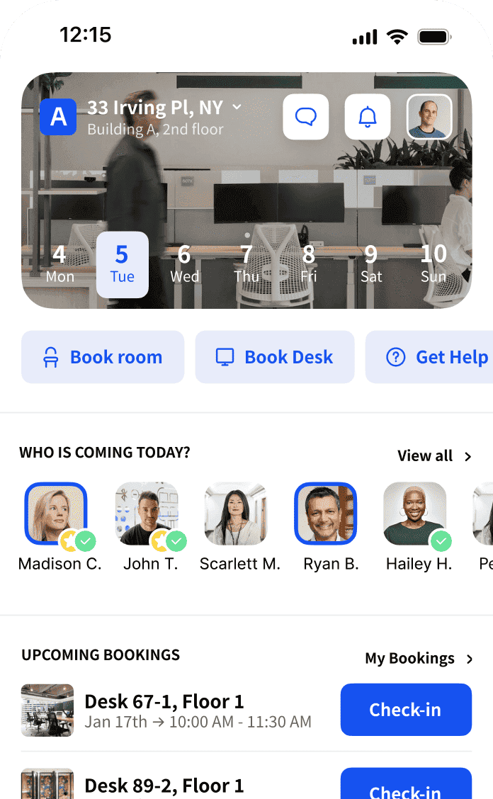 Phone screen showing Archie app with room and desk booking options and a list of coworkers coming in.