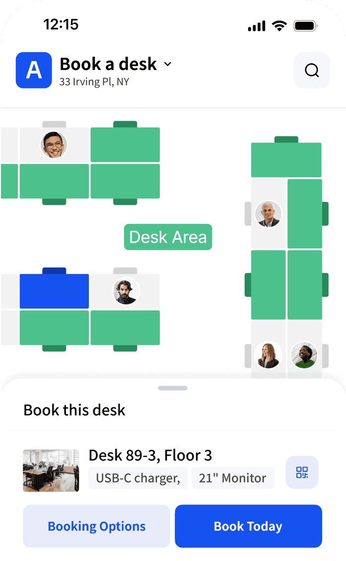 Archie app screen with a visual desk map and desk details before booking.