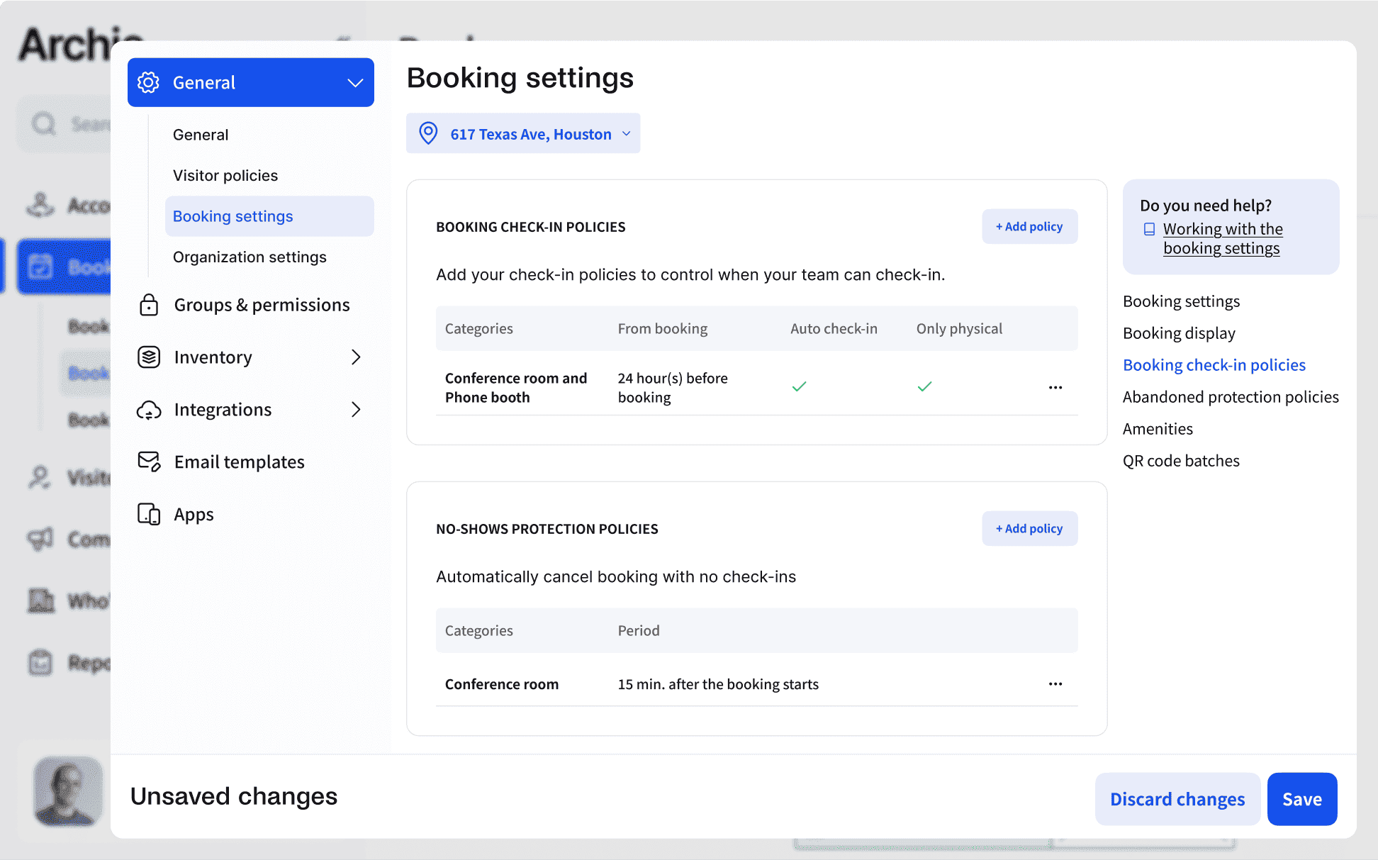 Computer screen displaying Archie's booking settings with options for check-in and no-show protection policies.