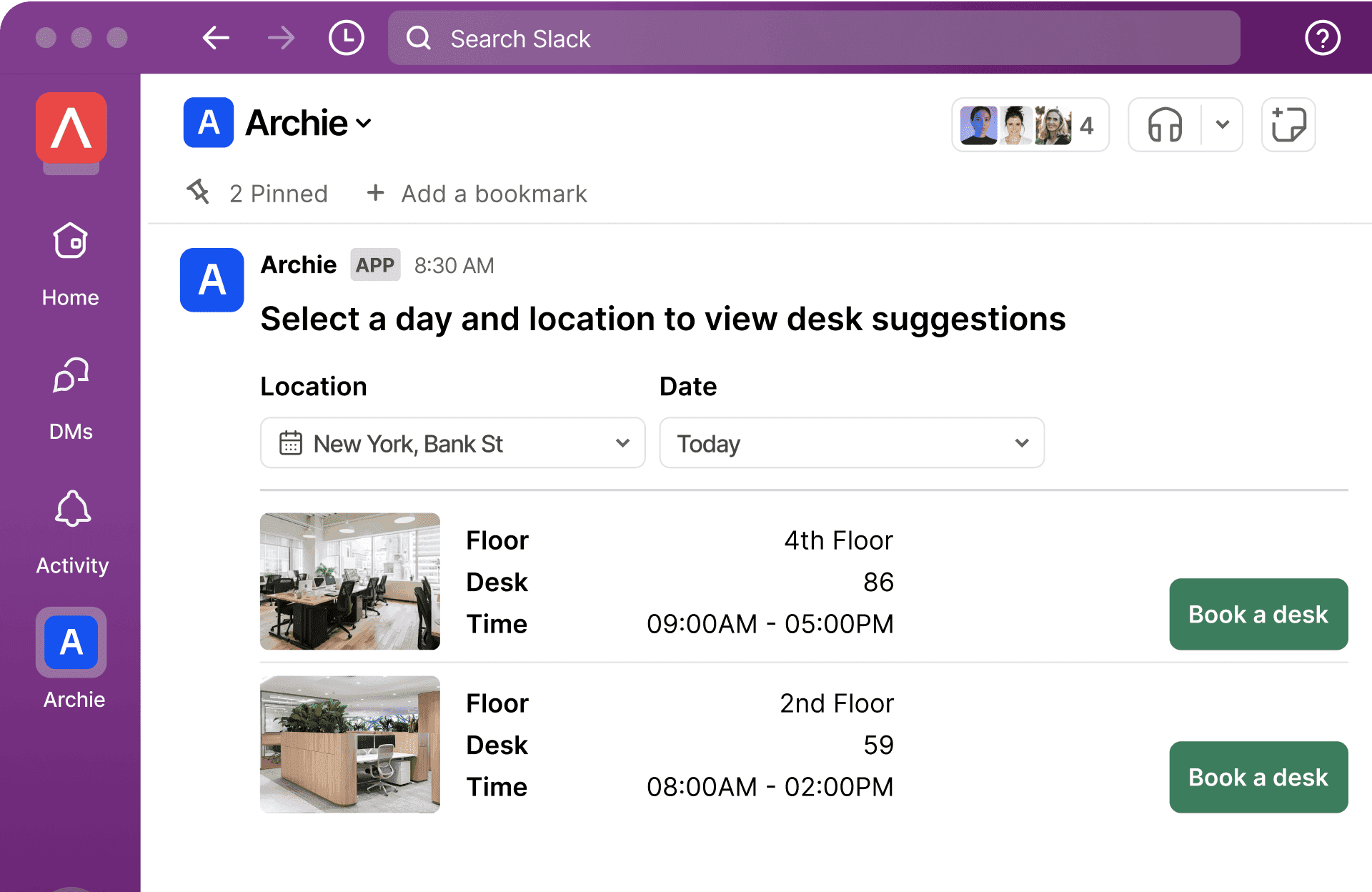 Slack message from Archie app showing desk booking interface with location selector and two available desks with 'Book a desk' buttons