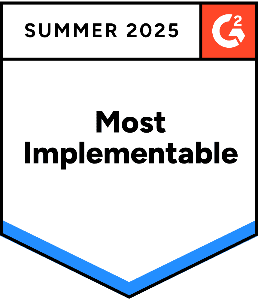 A badge indicating the software is recognized as "Most Implementable" for Summer 2025 by G2.