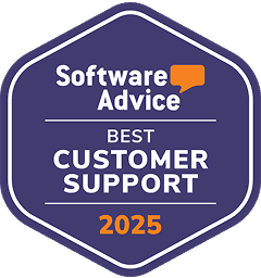 A badge labeled "Best Customer Support" awarded by Software Advice in 2025.